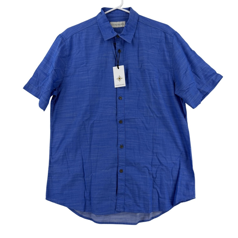 COASTAORO Shirt Mens Large Blue Solid Short Sleeve Button Up Casual Cotton NWT